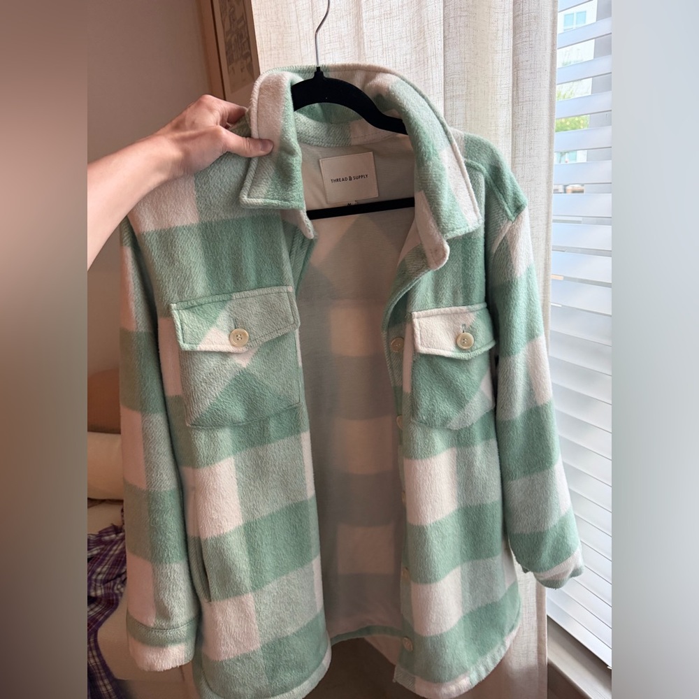 Thread & Supply Mint Green and White Plaid Teddy Shacket